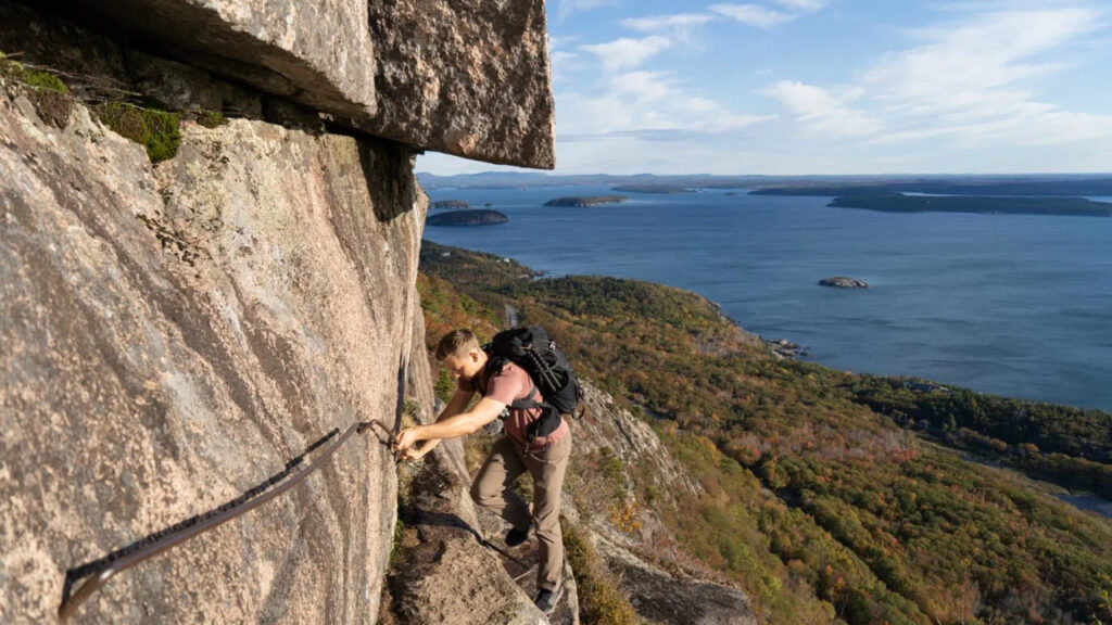 Hiking trail overlooking ocean in Acadia National Park