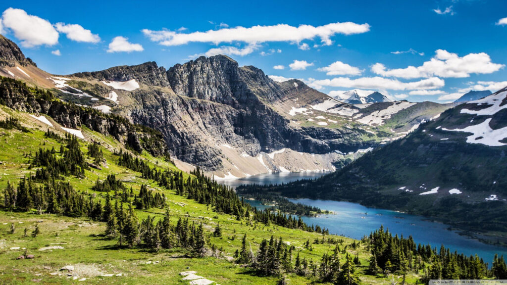 Mountain lake and snowy peaks in Glacier National Park