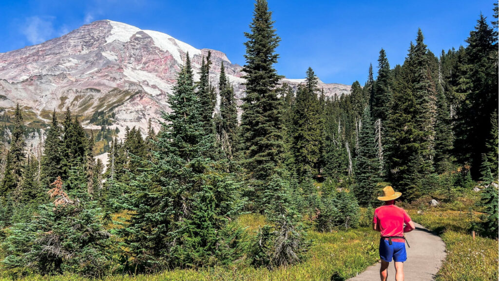Hiker walking Skyline Trail in Mount Rainier National Park