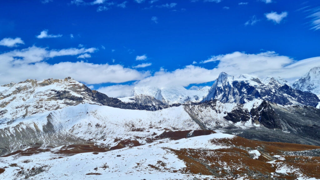 Langtang Valley trail with snow-covered Himalayan peaks