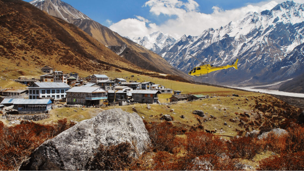 Kyanjin Gompa village surrounded by mountains