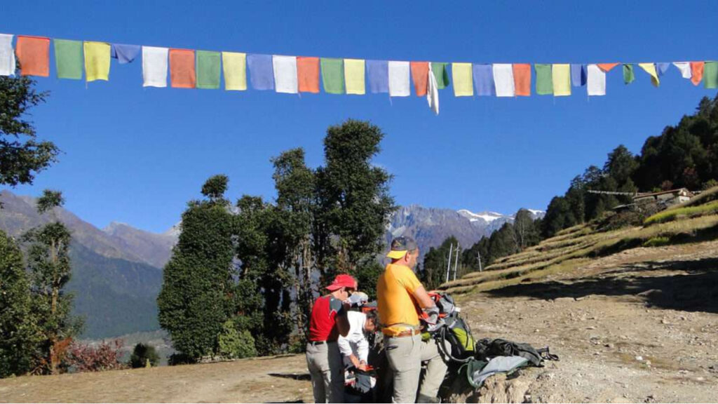 Monastery with prayer flags in Helambu
