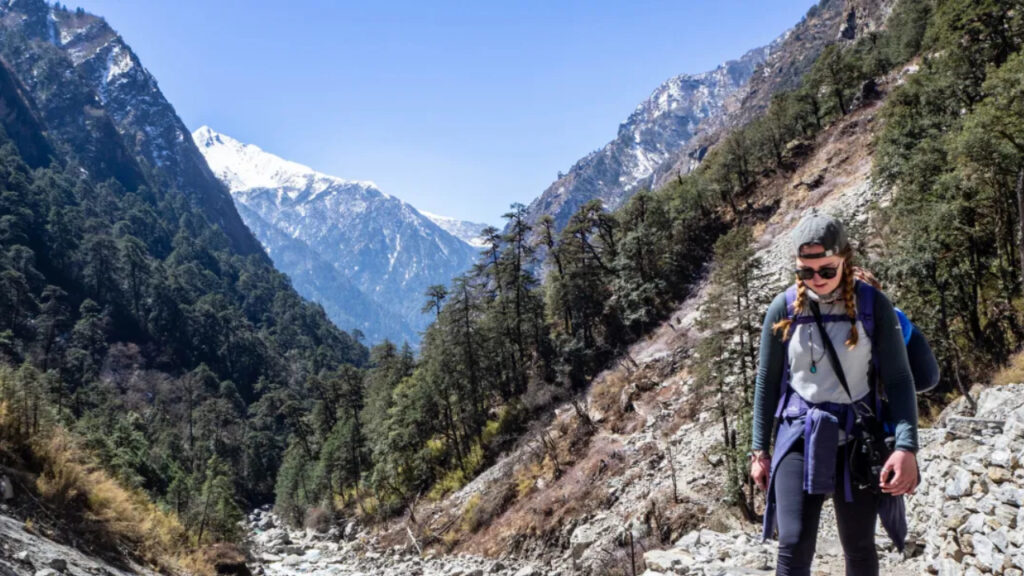 Trekker walking in Langtang Valley